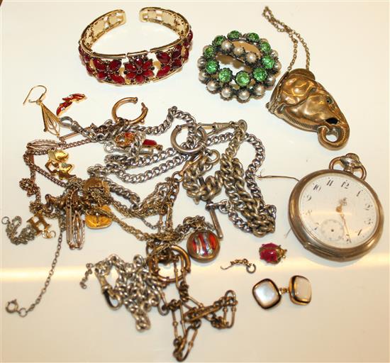 Silver chains, pocket watch & costume jewellery